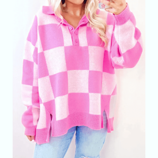 Reta Pink Checkerboard Half Button Collared Drop Shoulder Sweater