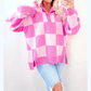 Reta Pink Checkerboard Half Button Collared Drop Shoulder Sweater