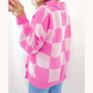 Reta Pink Checkerboard Half Button Collared Drop Shoulder Sweater