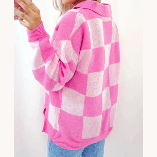 Reta Pink Checkerboard Half Button Collared Drop Shoulder Sweater