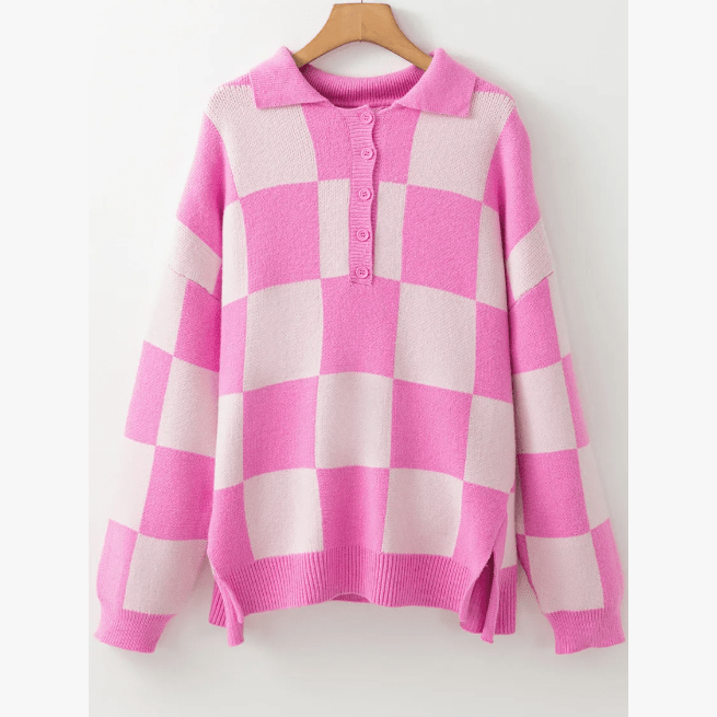 Reta Pink Checkerboard Half Button Collared Drop Shoulder Sweater