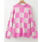 Reta Pink Checkerboard Half Button Collared Drop Shoulder Sweater