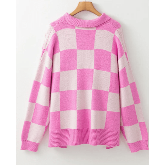 Reta Pink Checkerboard Half Button Collared Drop Shoulder Sweater