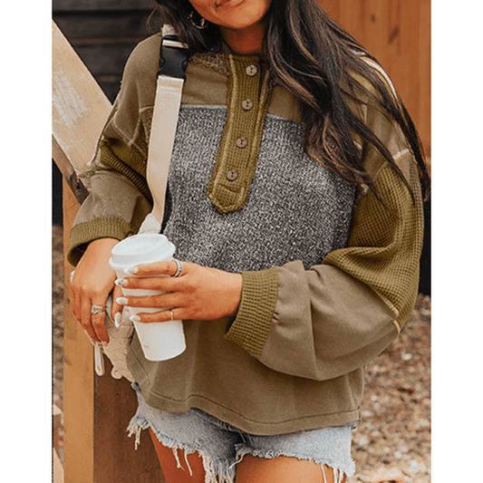 Tammi Mixed Texture Patchwork Exposed Seam Half Button Pullover Hooded Sweatshirt