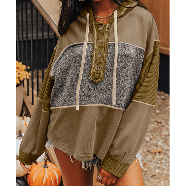 Tammi Mixed Texture Patchwork Exposed Seam Half Button Pullover Hooded Sweatshirt