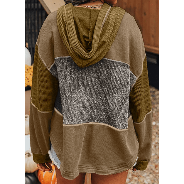 Tammi Mixed Texture Patchwork Exposed Seam Half Button Pullover Hooded Sweatshirt