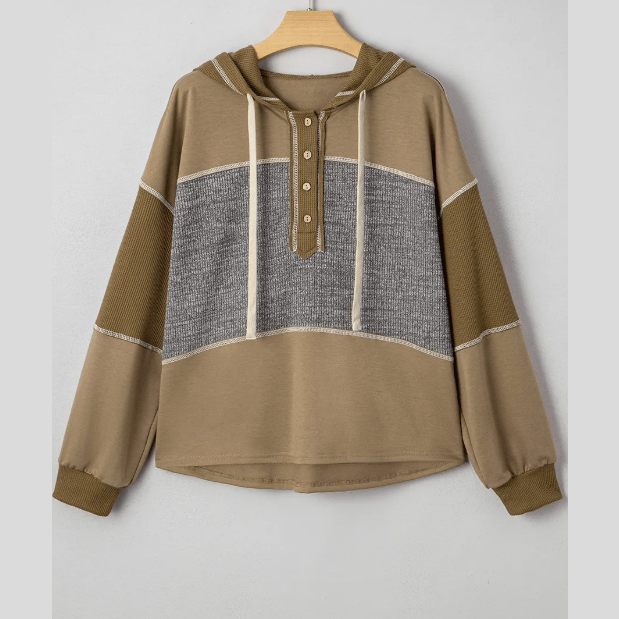 Tammi Mixed Texture Patchwork Exposed Seam Half Button Pullover Hooded Sweatshirt