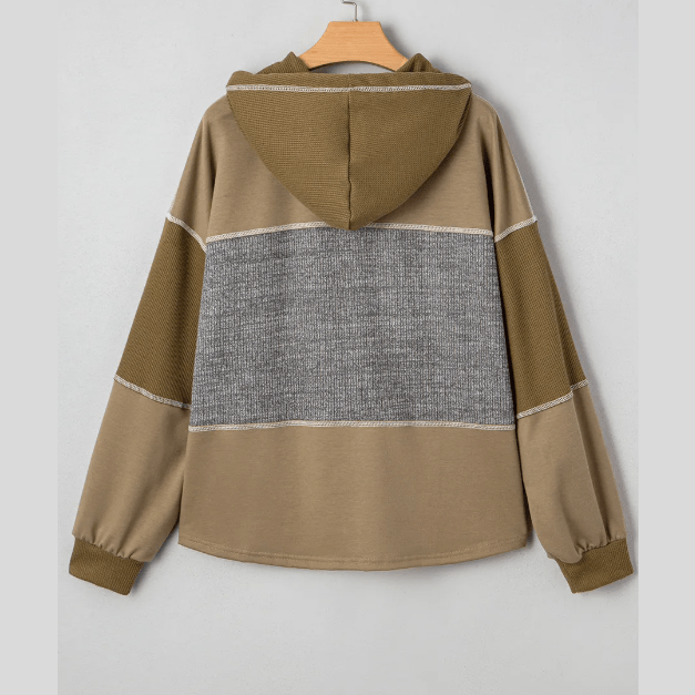 Tammi Mixed Texture Patchwork Exposed Seam Half Button Pullover Hooded Sweatshirt