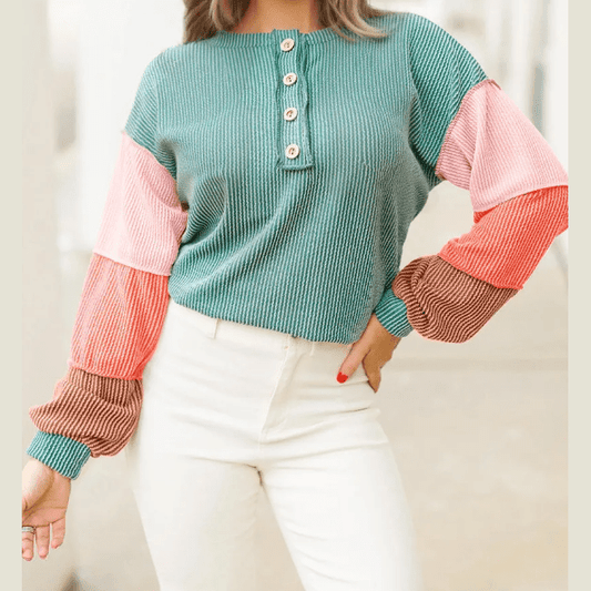Carmila Multicolor Twisted Ribbed Knit Colorblock Henley Top