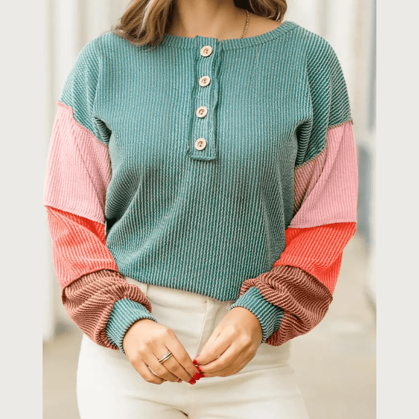 Carmila Multicolor Twisted Ribbed Knit Colorblock Henley Top