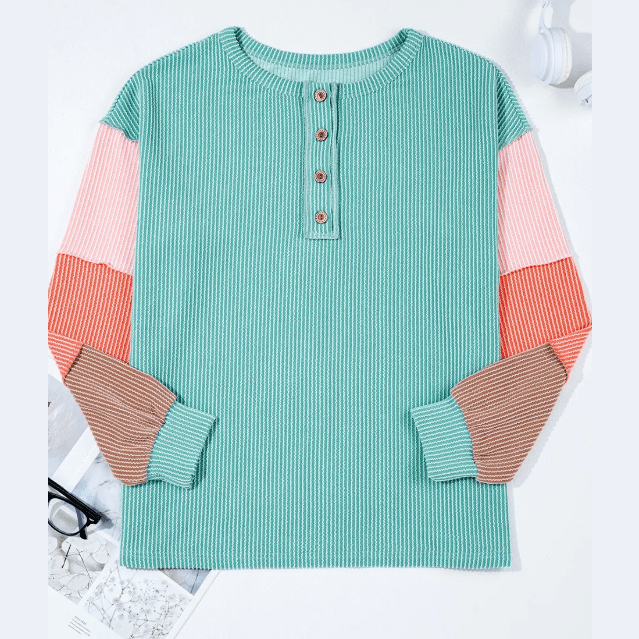 Carmila Multicolor Twisted Ribbed Knit Colorblock Henley Top