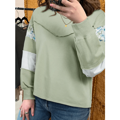 Nerissa Laurel Green Floral Plaid Mixed Sleeve Raw Edge Relaxed French Terry Top