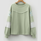 Nerissa Laurel Green Floral Plaid Mixed Sleeve Raw Edge Relaxed French Terry Top
