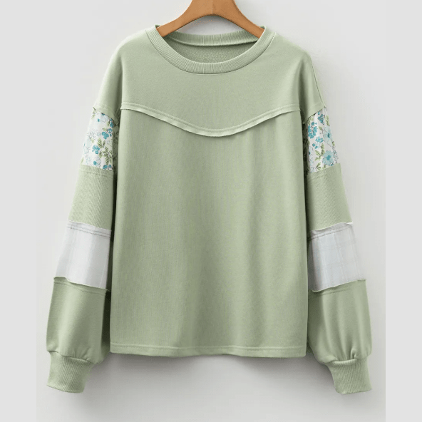 Nerissa Laurel Green Floral Plaid Mixed Sleeve Raw Edge Relaxed French Terry Top