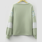 Nerissa Laurel Green Floral Plaid Mixed Sleeve Raw Edge Relaxed French Terry Top