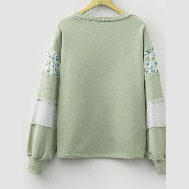 Nerissa Laurel Green Floral Plaid Mixed Sleeve Raw Edge Relaxed French Terry Top