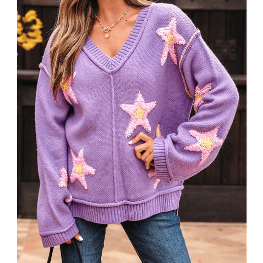 Carmina Brushed Star Graphic V Neck Drop Shoulder Oversize Sweater
