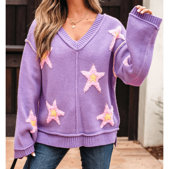 Carmina Brushed Star Graphic V Neck Drop Shoulder Oversize Sweater