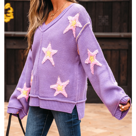 Carmina Brushed Star Graphic V Neck Drop Shoulder Oversize Sweater