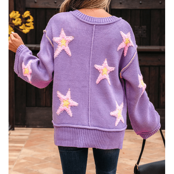 Carmina Brushed Star Graphic V Neck Drop Shoulder Oversize Sweater