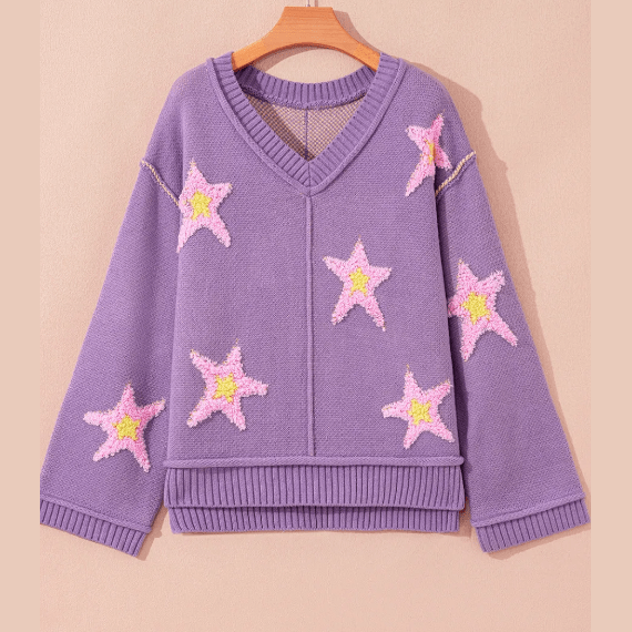 Carmina Brushed Star Graphic V Neck Drop Shoulder Oversize Sweater