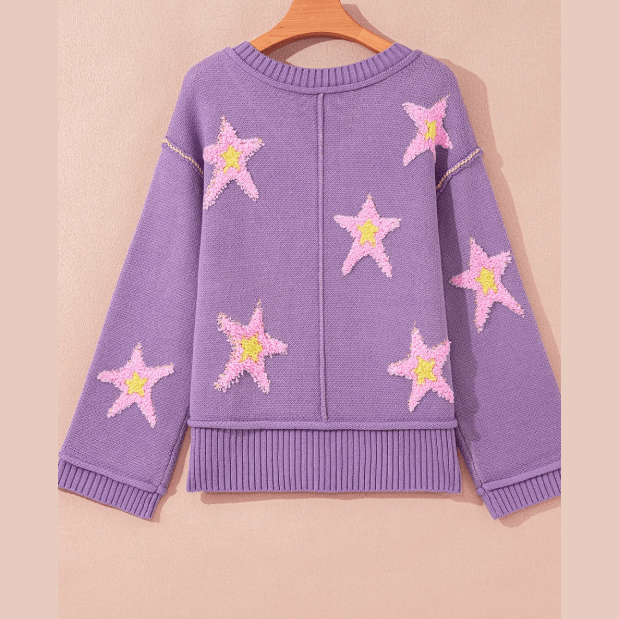 Carmina Brushed Star Graphic V Neck Drop Shoulder Oversize Sweater