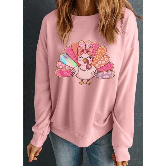 Pink Cute Thanksgiving Turkey Printed Drop Shoulder Sweatshirt
