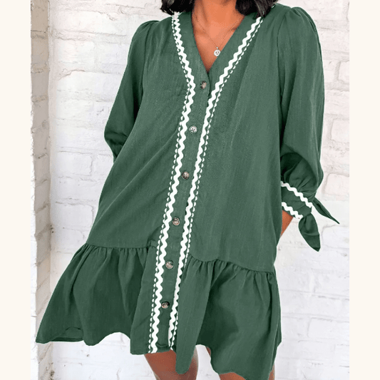 Bree Green Contrast Ricrac Trim Button V Neck Knotted Bracelet Sleeve Shift Dress