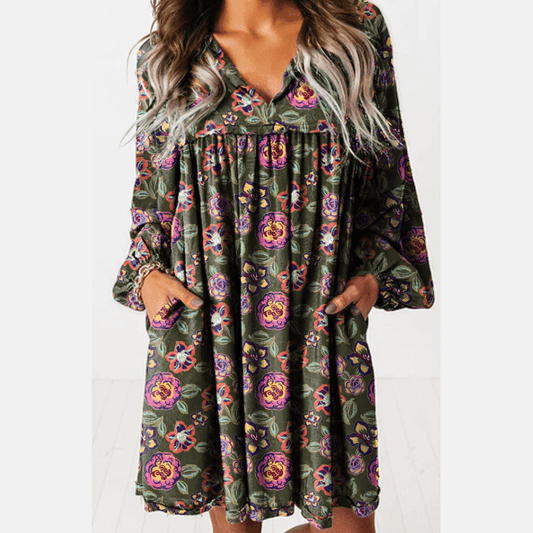 Chiquita Green Floral Print Split Neck Bubble Sleeve Shift Mini Dress
