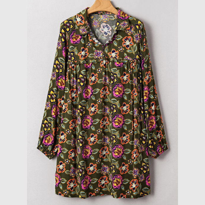 Chiquita Green Floral Print Split Neck Bubble Sleeve Shift Mini Dress