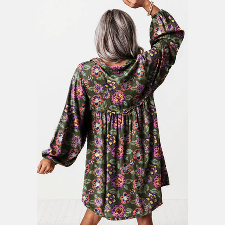 Chiquita Green Floral Print Split Neck Bubble Sleeve Shift Mini Dress