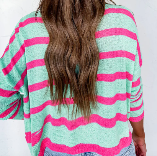 Sybil Green Stripe Round Neck Casual Sweater