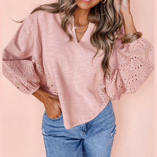 Annabeth Light Pink Keyhole Notch V Neck Batwing Sleeve Blouse