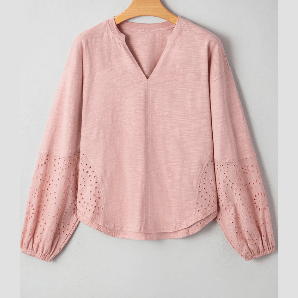 Annabeth Light Pink Keyhole Notch V Neck Batwing Sleeve Blouse