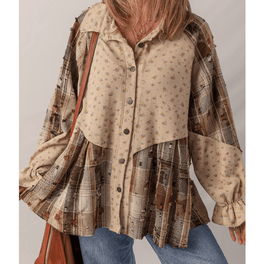 Dee Oatmeal Boho Floral Plaid Patchwork Distressed Detail Ruffled Sleeve Waffle Knit Shacket