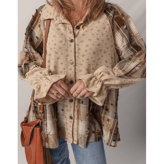 Dee Oatmeal Boho Floral Plaid Patchwork Distressed Detail Ruffled Sleeve Waffle Knit Shacket