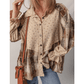 Dee Oatmeal Boho Floral Plaid Patchwork Distressed Detail Ruffled Sleeve Waffle Knit Shacket