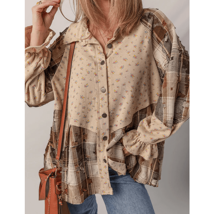 Dee Oatmeal Boho Floral Plaid Patchwork Distressed Detail Ruffled Sleeve Waffle Knit Shacket