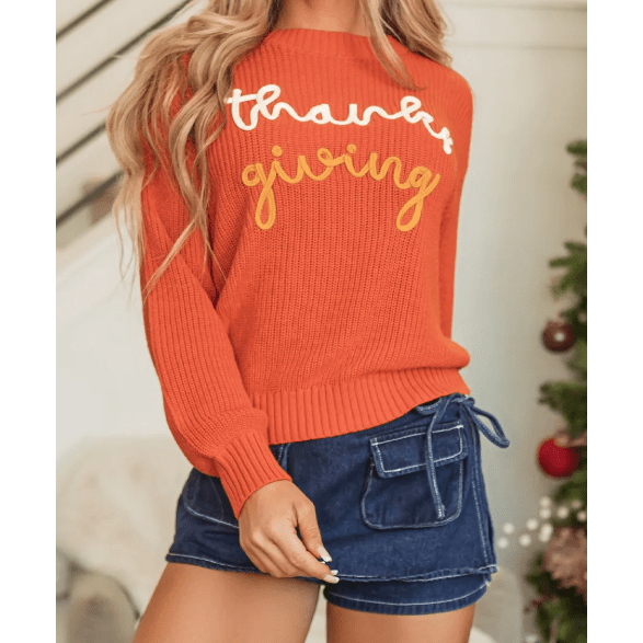 Thanksgiving Letter Graphic Crew Neck Sweater