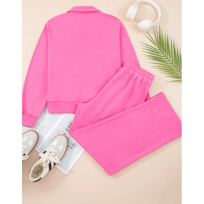 Ellerie Sachet Pink Solid Color Collared Pullover and Central Seam Pants Set
