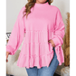 Evalina Pink Tiered Ruffle Ribbed Crew Neck Pullover Plus Size Top