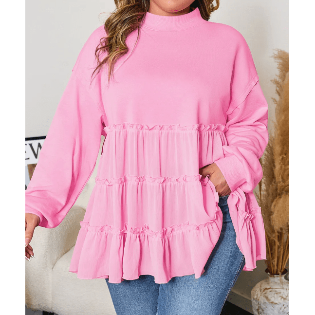 Evalina Pink Tiered Ruffle Ribbed Crew Neck Pullover Plus Size Top