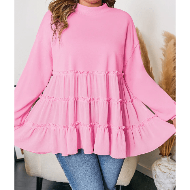 Evalina Pink Tiered Ruffle Ribbed Crew Neck Pullover Plus Size Top