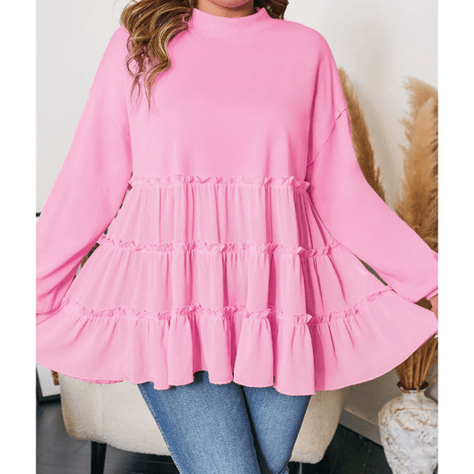 Evalina Pink Tiered Ruffle Ribbed Crew Neck Pullover Plus Size Top