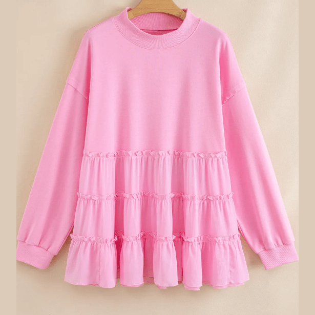 Evalina Pink Tiered Ruffle Ribbed Crew Neck Pullover Plus Size Top