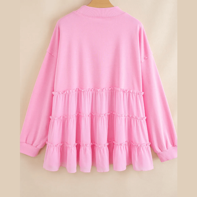 Evalina Pink Tiered Ruffle Ribbed Crew Neck Pullover Plus Size Top