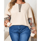 Jenny Parchment Plus Size Waffle Colorblock Striped Plaid Patchwork Half Button Pullover