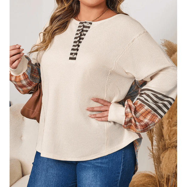 Jenny Parchment Plus Size Waffle Colorblock Striped Plaid Patchwork Half Button Pullover