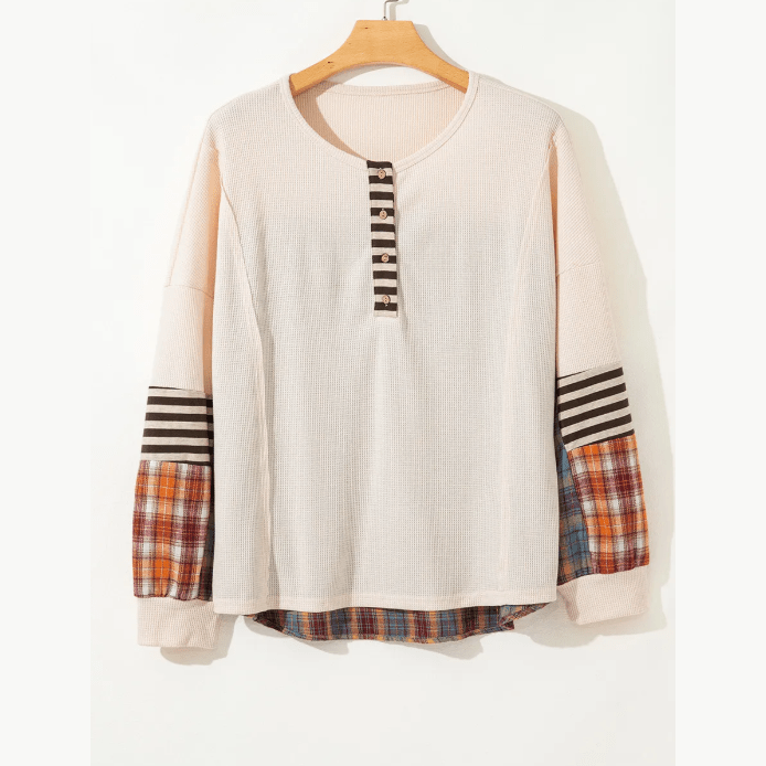 Jenny Parchment Plus Size Waffle Colorblock Striped Plaid Patchwork Half Button Pullover