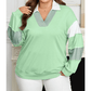 Montae Color Block Striped Patchwork Collar V Neck Plus Size Sweatshirt